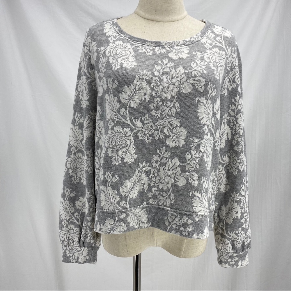 LOFT gray floral print destructed crop sweater L - Picture 7 of 13